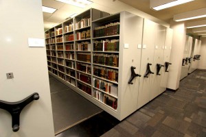 The high density shelving of the rare book room.
